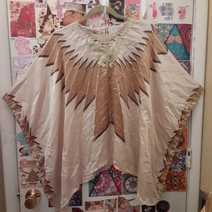 Beyond Vintage M 100% Silk Kimono Top Tan Brown Gold Embroidered